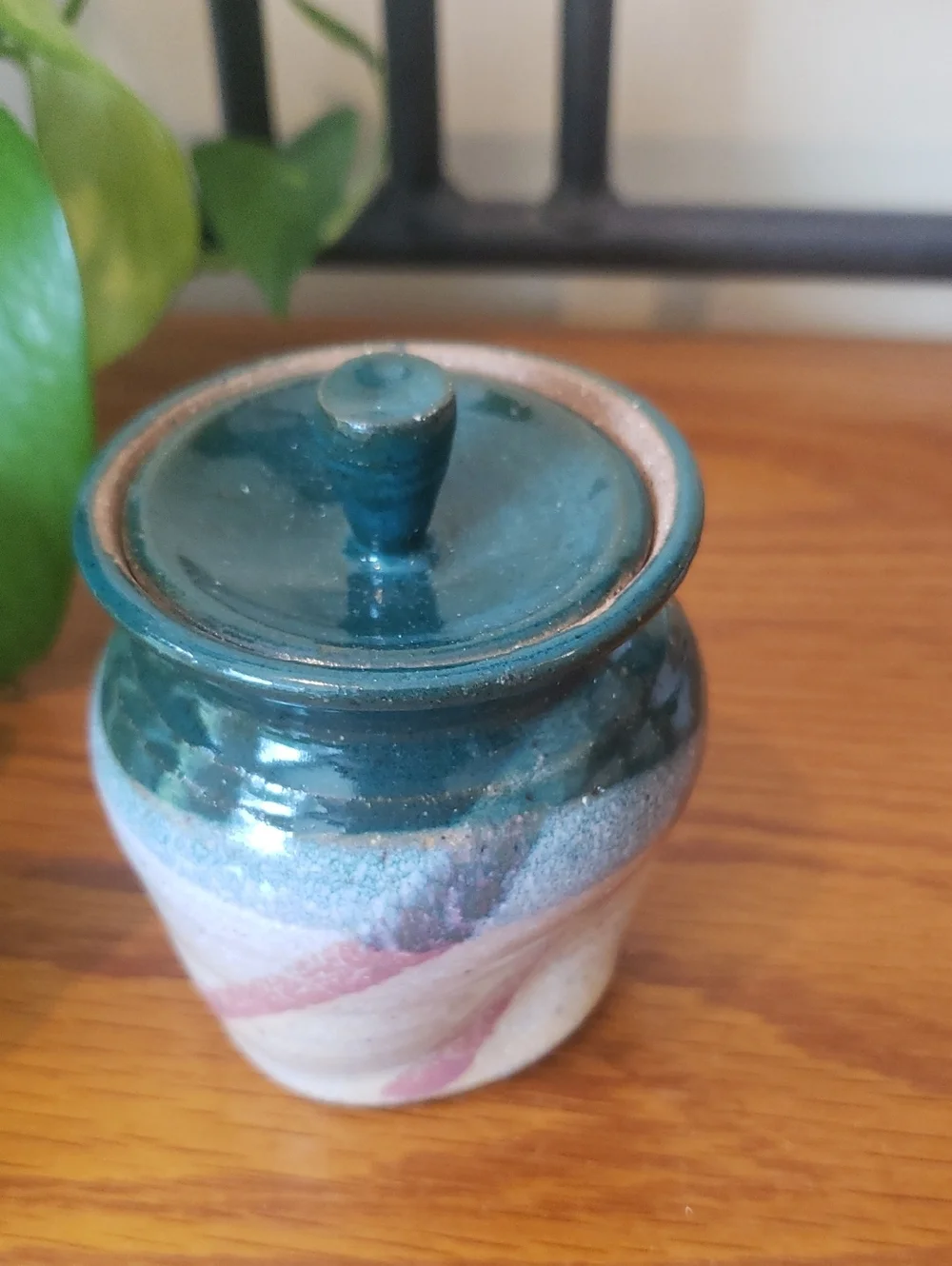 Vtg Handcrafted Stoneware Creamer and Sugar Jar With Spoon - Teal and Cream